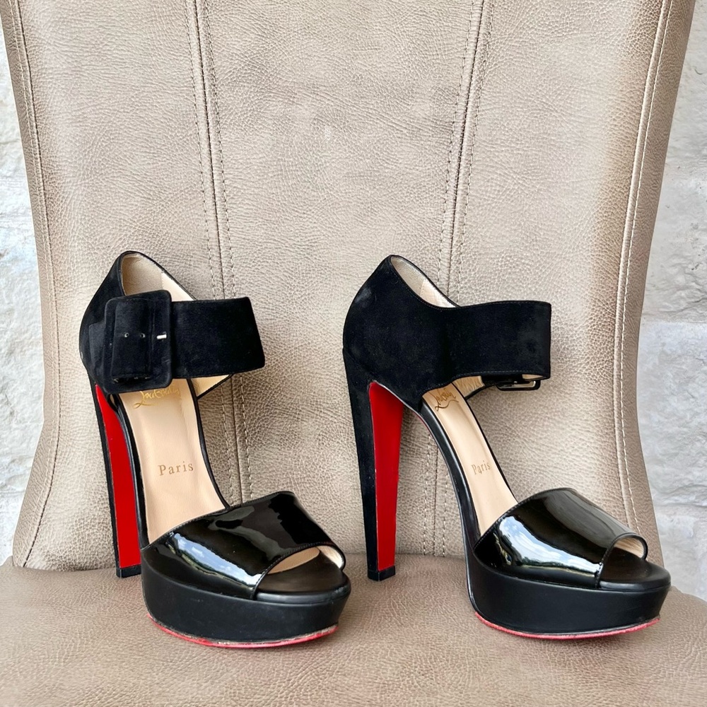 Christian Louboutin Haute Retenue 140 Black Suede Platform Ankle Strap Euro 38